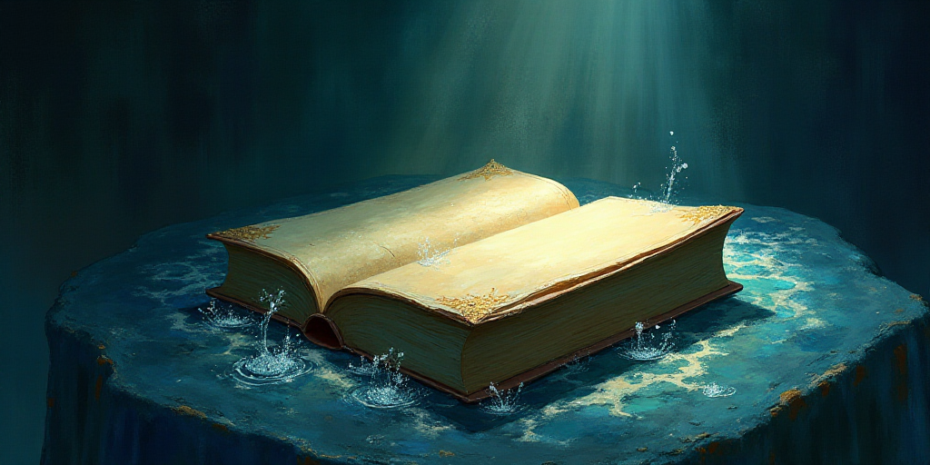 a book is sitting on a table with water around it and a light shining on it's cover, Dirk Crabeth, f