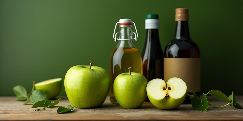 a bottle of apple cider next to a green apple and a half eaten apple on a table with other bottles,