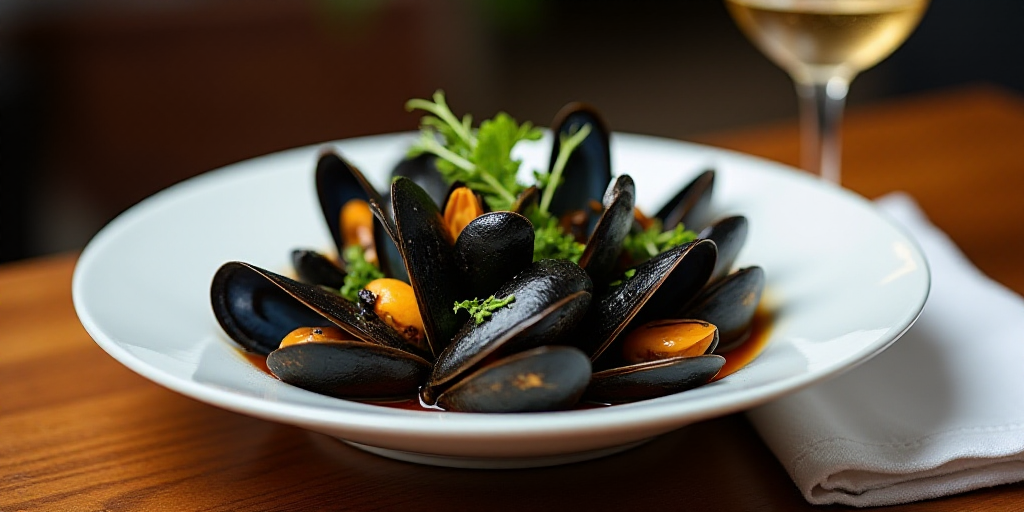 a bowl of mussels with a glass of wine next to it on a table with a napkin, Clovis Trouille, profess