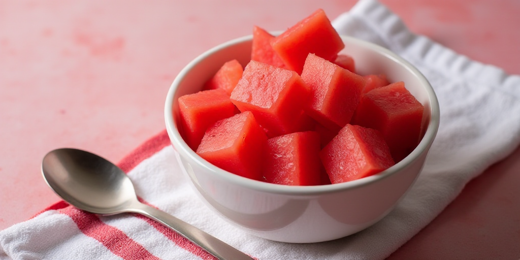 a bowl of watermelon cut into cubes with a spoon next to it on a towel with a spoon, Aya Goda, red,