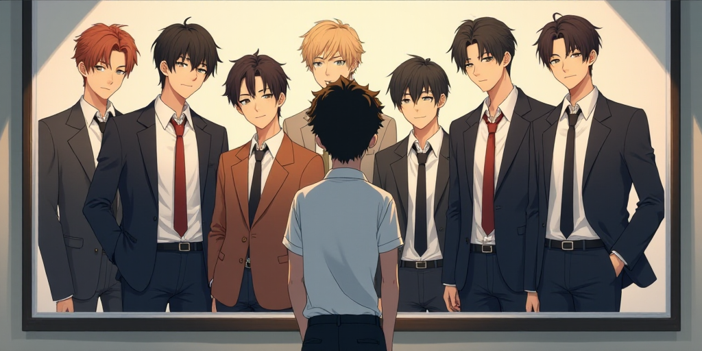 a boy standing in front of a poster of a group of young men in korean clothes and ties,, Anne Said,