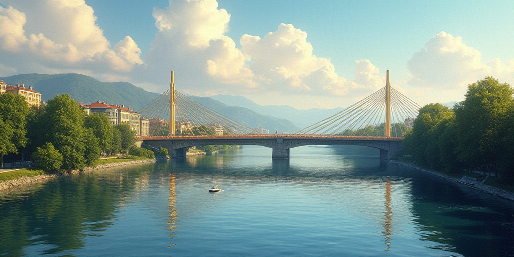 a bridge over a river with a city in the background and a bridge over the water in the foreground, A