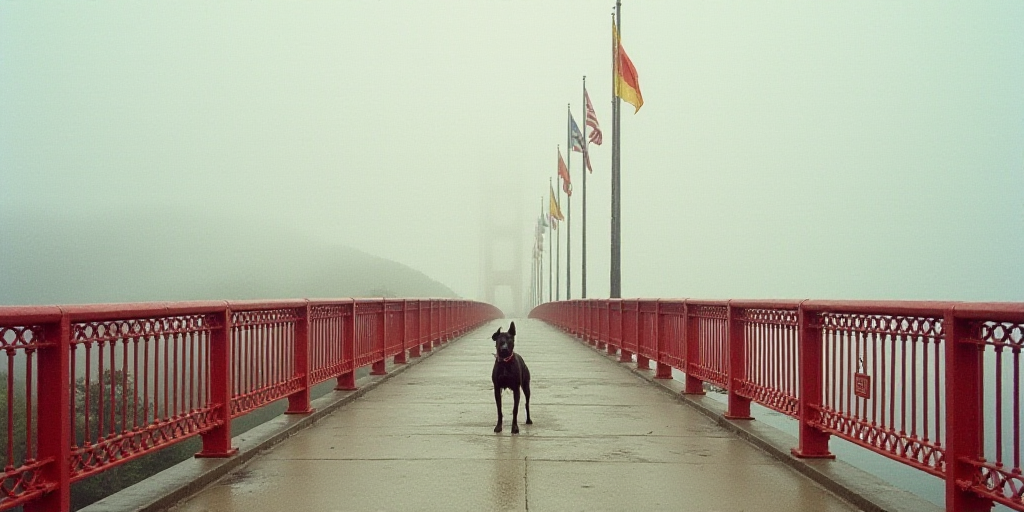a bridge with a red metal railing and three flags flying on top of it and a dog on the bridge, Felix