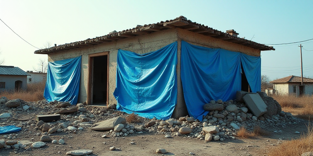 a building that has been destroyed and covered in tarps and debris with a blue tarp covering the out