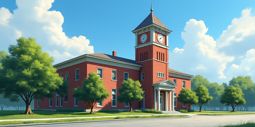 a building with a clock on the top of it's tower and trees in front of it and a blue sky, Brenda Cha