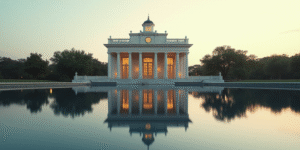 a building with a clock on the front of it and trees in front of it and a reflection in the water, C