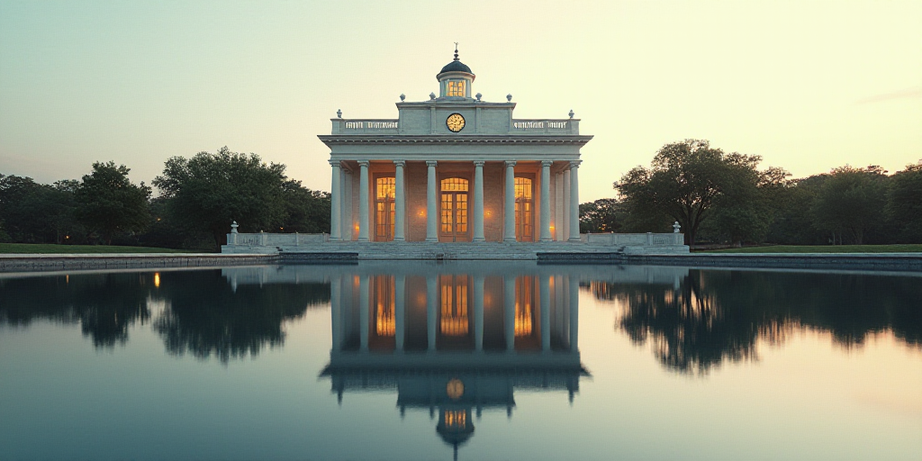 a building with a clock on the front of it and trees in front of it and a reflection in the water, C