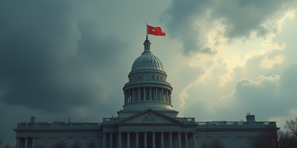 a building with a dome and a flag on top of it under a cloudy sky with clouds in the background, Den