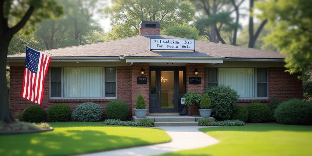 a building with a flag hanging from the side of it's front entrance and a wells sign on the outside,