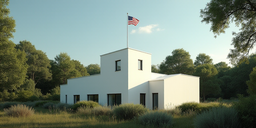 a building with a flag on top of it surrounded by trees and bushes in front of it is a white buildin