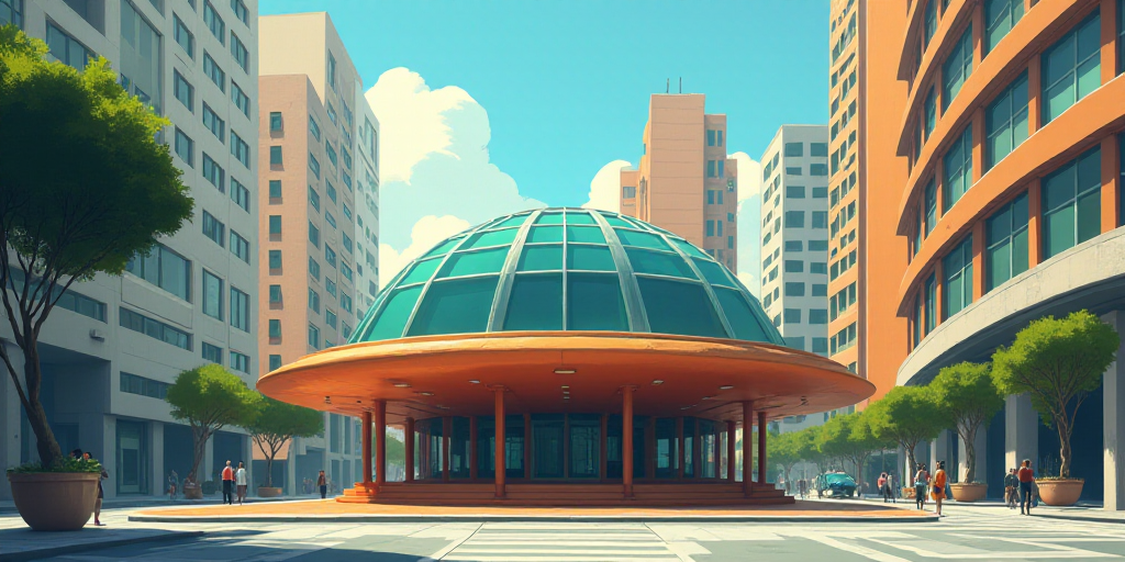 a building with a glass dome on top of it in a city street with tall buildings in the background, Ca