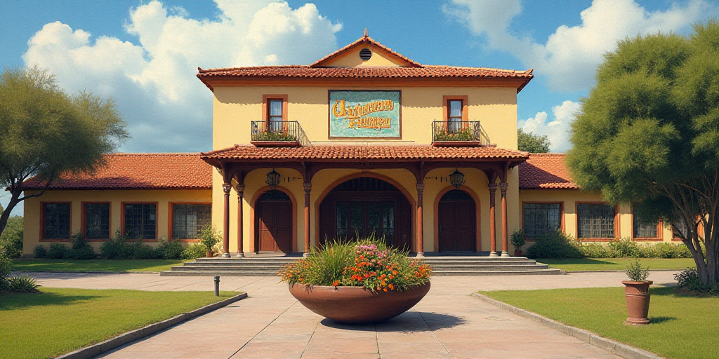a building with a large sign on the front of it and a planter with flowers in front of it, Arturo Ri