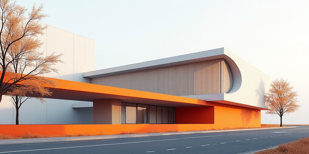 a building with a long orange rail in front of it and a road in front of it with a building in the b