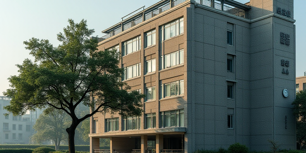 a building with a lot of windows and a clock on it's side and a tree in front of it, Cui Bai, mesh w