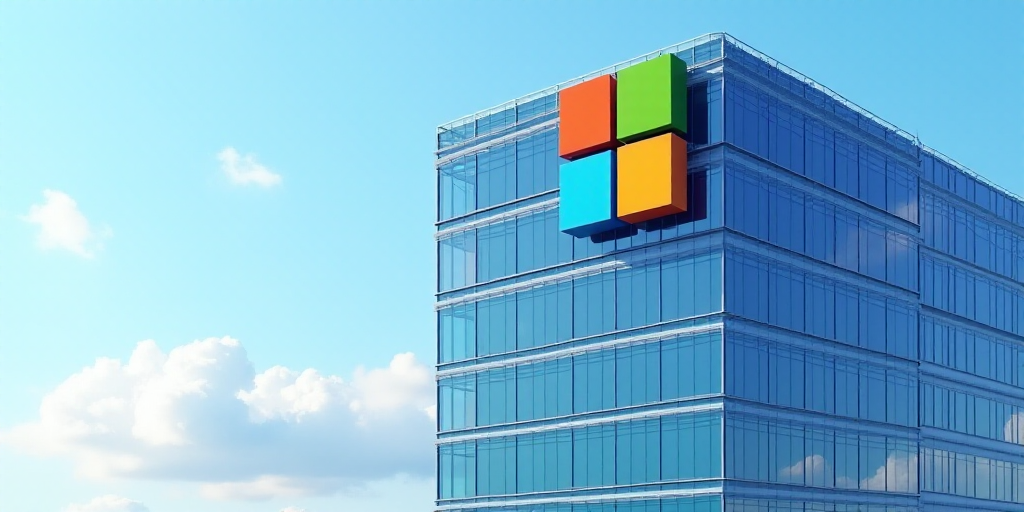 a building with a microsoft logo on it's side and windows reflecting the sky in the windows of the b