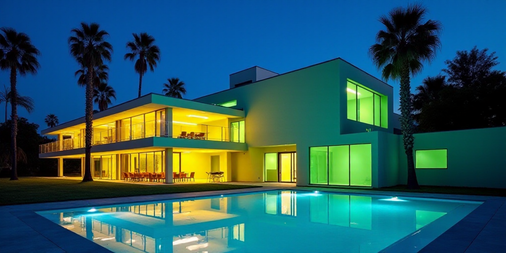 a building with a pool and palm trees in front of it at night time with a blue sky and a green and y