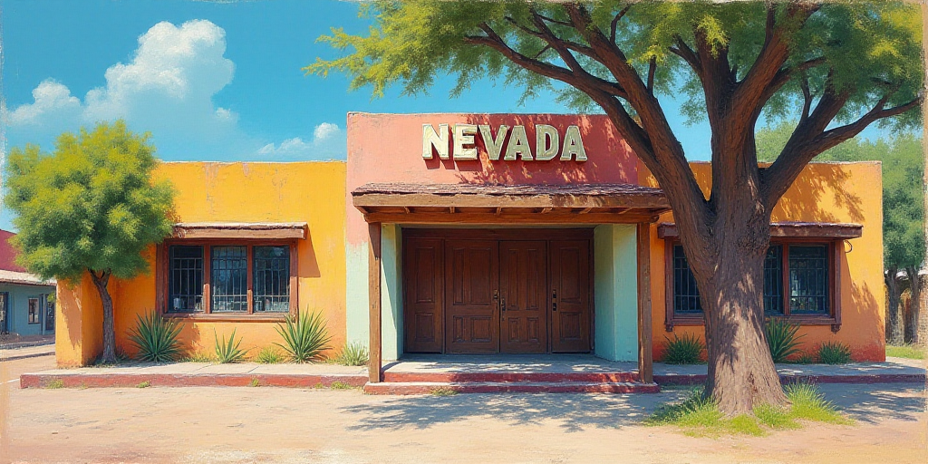 a building with a sign on the front of it that says nevada on the front of it and a tree in front of