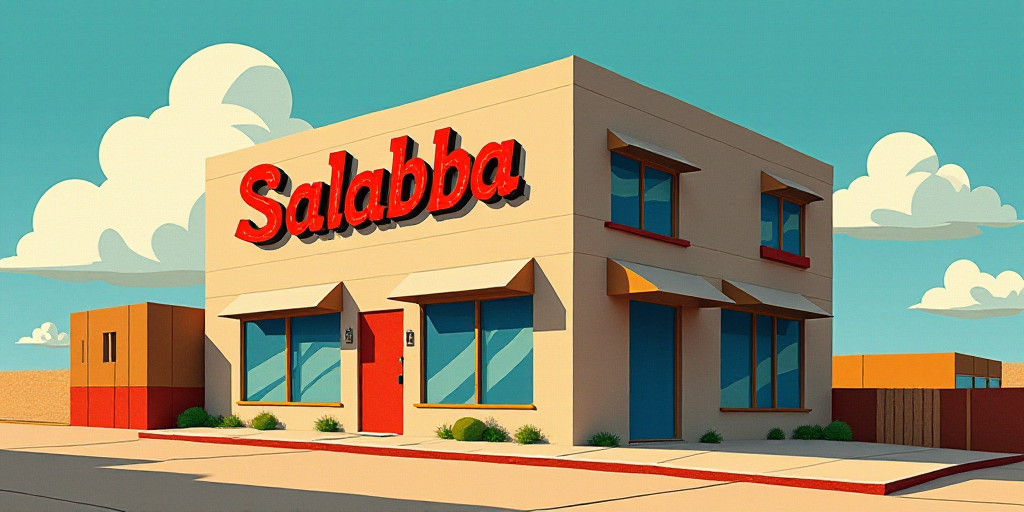 a building with a sign that says salabba on it's side and a sky background behind it, Carles Delclau