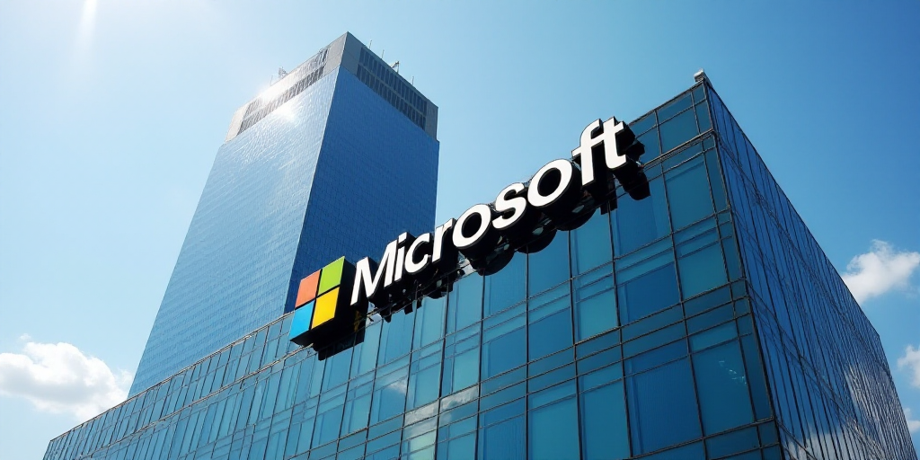 a building with a sign that says microsoft on it's side and a sky scraper in the background, Dahlov