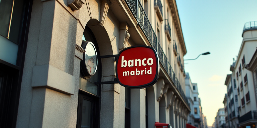 a building with a sign that says banco madrid on it's side and a clock on the front of it, Carlos Tr