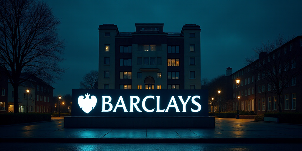 a building with a sign that says barclays in front of it at night time with a lit up sign, Charles B
