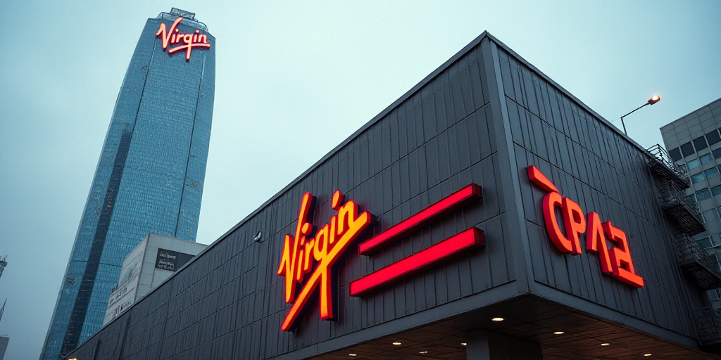 a building with a sign that says virgin in front of it and a sky scraper behind it that says virgin,