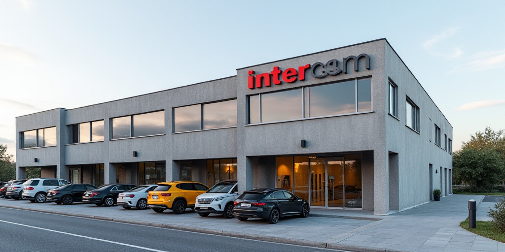 a building with a sign that says intercam and a picture of a building with a sign that says intercam