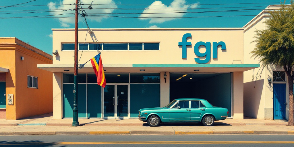 a building with a sign that says fgr and a flag hanging from the side of it's glass front, Federico