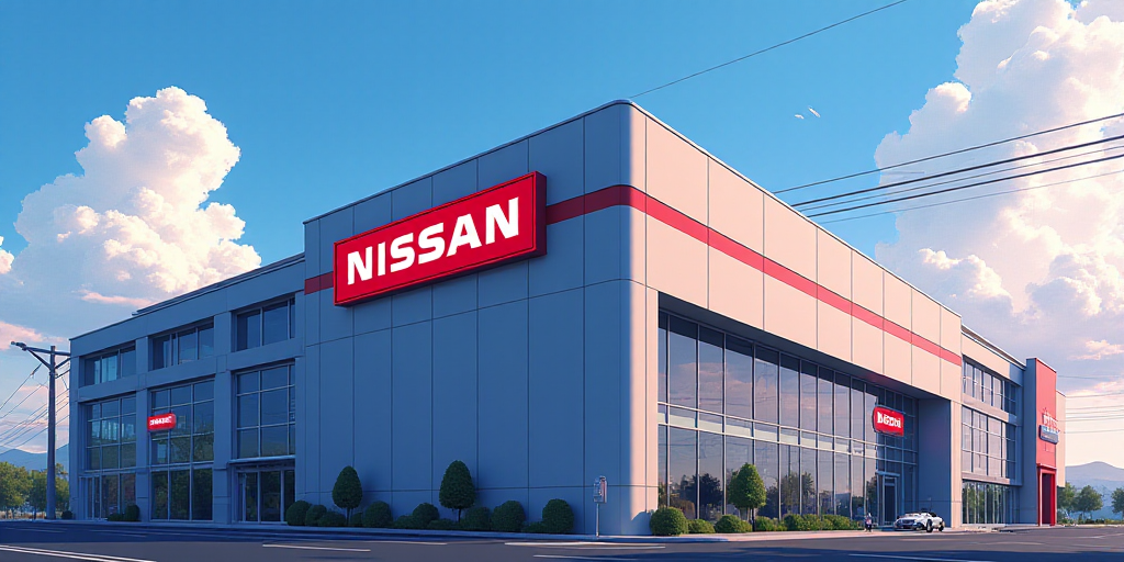a building with a sign that says nissan on it's side and a sky background behind it that says nissan