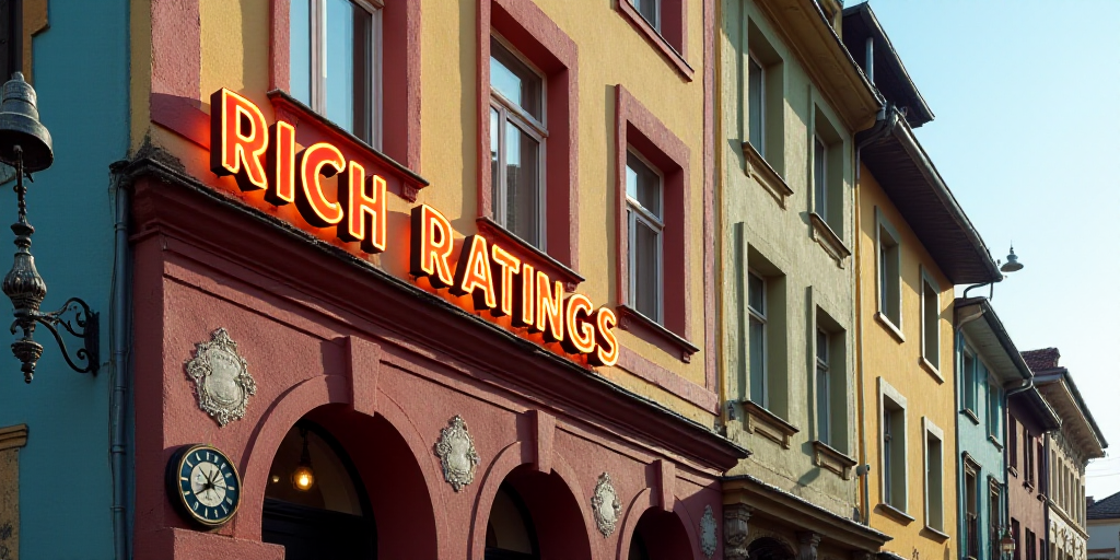 a building with a sign that says rich ratingss on it's side and a clock on the side of the building,
