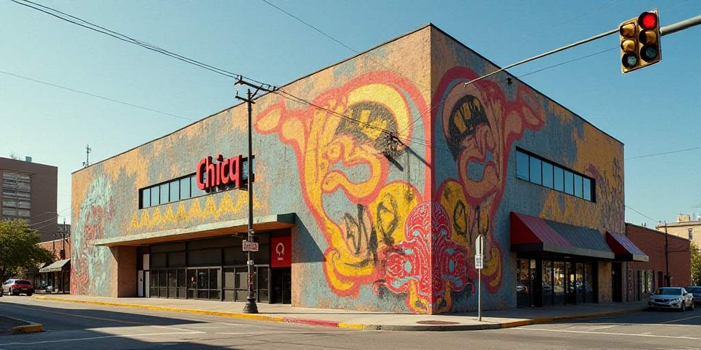 a building with a sign that says chicq on it and a stop light in front of it, David Alfaro Siqueiros