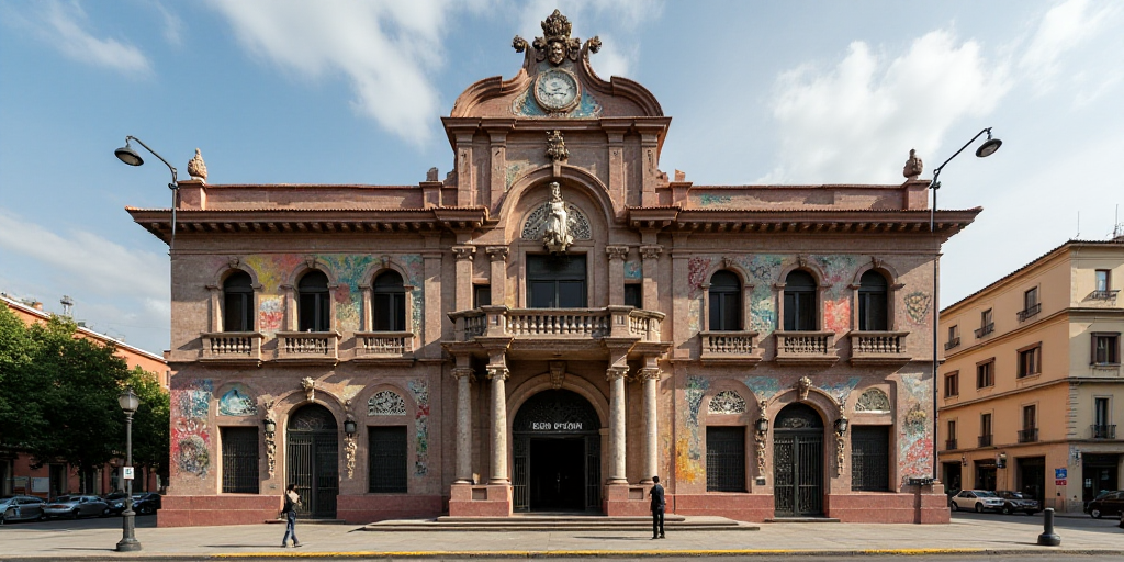 a building with a statue of a man on the front of it and a sign that says bano de mexico, David Alfa
