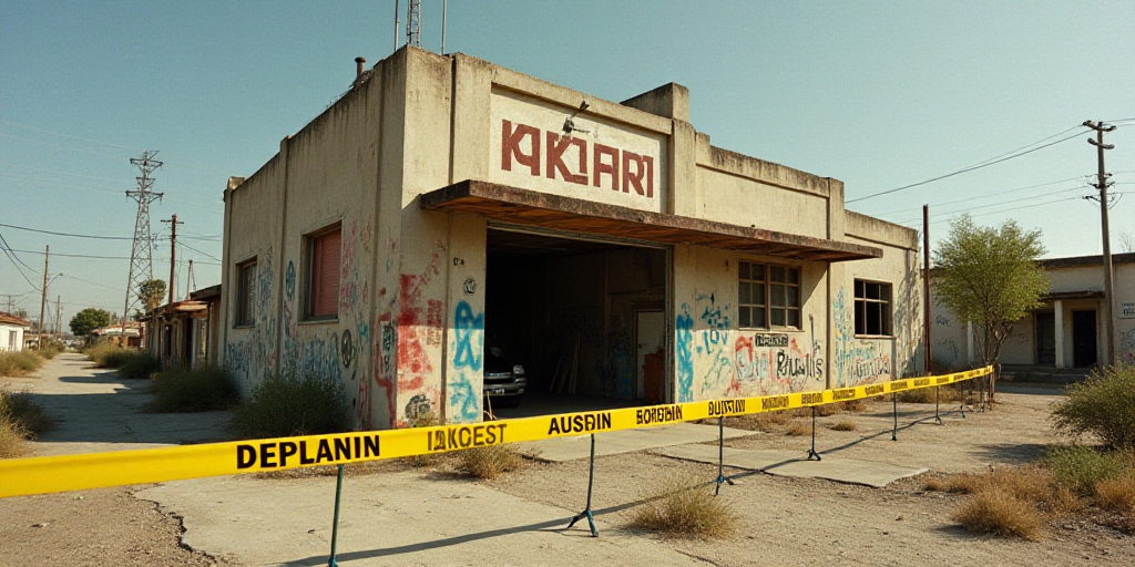a building with a yellow caution tape in front of it and a sign that says deplanin, David Alfaro Siq