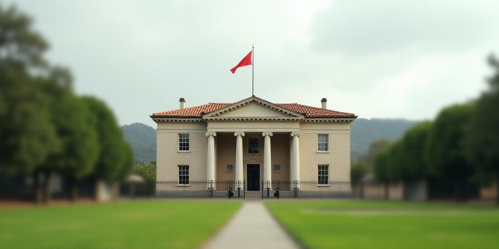 a building with columns and a flag on top of it in front of a grassy area with a fence, Carlos Trill