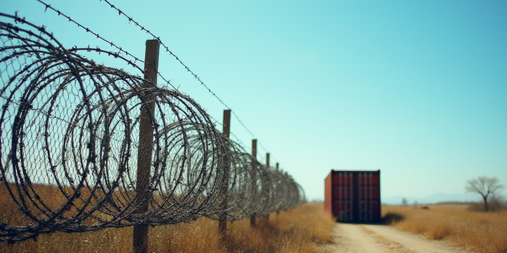a bunch of barbed wire with a container in the background on a sunny day with a blue sky in the back