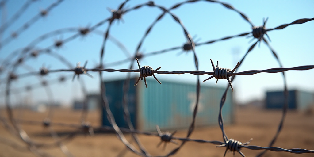 a bunch of barbed wire with a container in the background on a sunny day with a blue sky in the back
