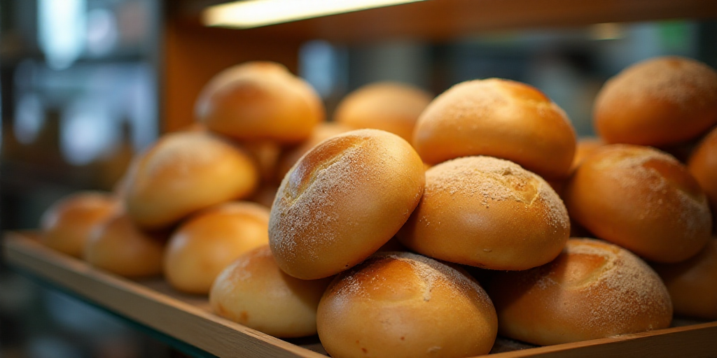 a bunch of bread rolls stacked on top of each other in a store display case with a light on, Delauna