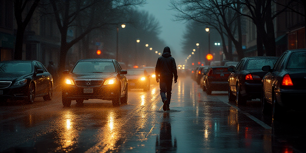 a bunch of cars that are in the street in the rain and water with lights on and a person walking in