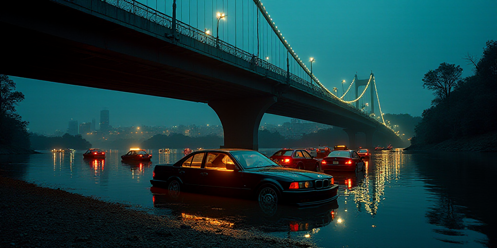a bunch of cars that are in the water under a bridge at night time, with lights on the cars, Elbridg