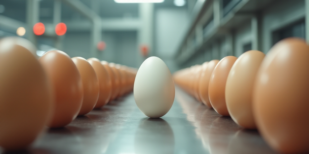 a bunch of eggs are lined up in a row in a factory room, with one egg in the middle of the row, Alla