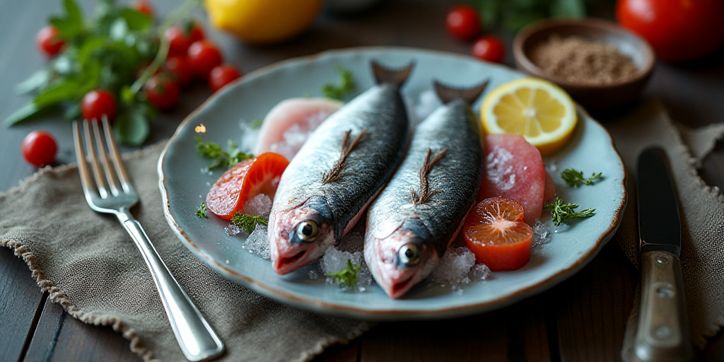 a bunch of fish that are on some ice and some food on a table with a fork and knife, Carpoforo Tenca