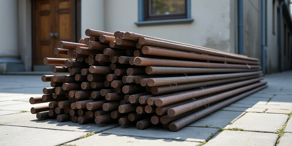 a bunch of metal bars sitting on top of a sidewalk next to each other on a sidewalk next to a buildi