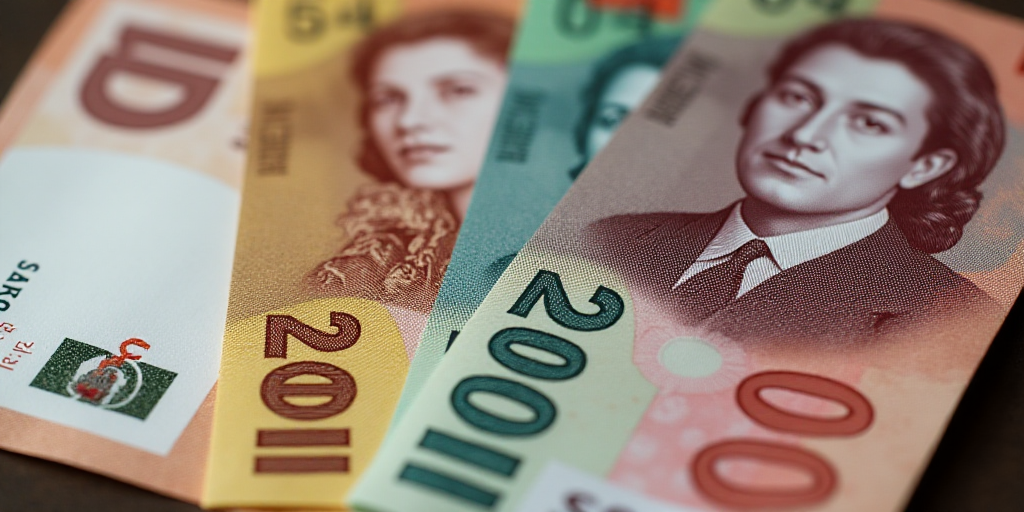 a bunch of mexican currency with a man's face on it and a woman's face on the back of the money, Aug