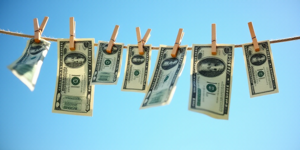 a bunch of money hanging from clothes pins on a clothesline with clothes pins attached to them, with