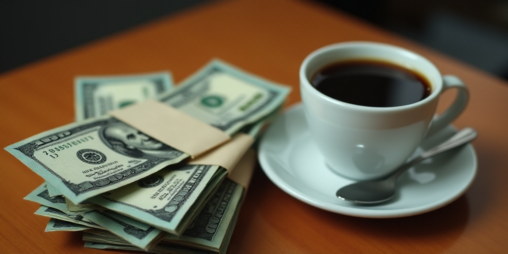 a bunch of money sitting on top of a wooden table next to a cup of coffee and a spoon, Afewerk Tekle