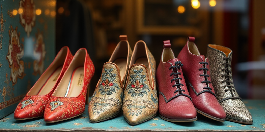 a bunch of shoes that are in a box together on a shelf in a store window display case,, Ella Guru, f