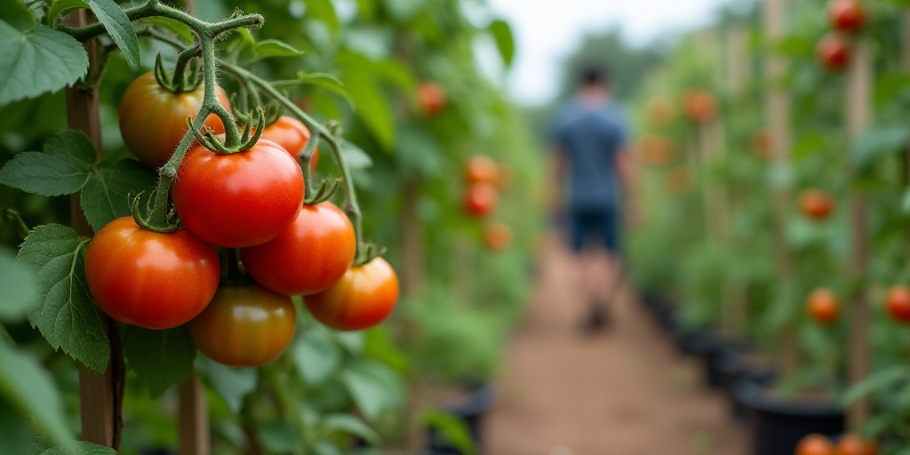 a bunch of tomatoes hanging from a vine in a garden area with other plants in the background and a p