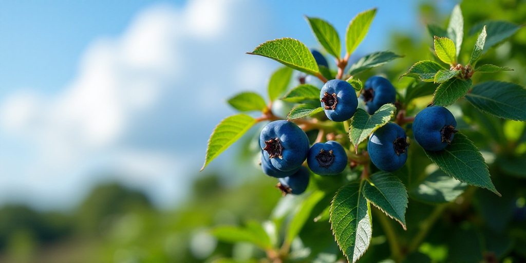 a bush with blue berries growing on it's leaves and a sky background in the background, with a few c