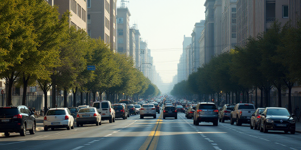 a busy city street with lots of traffic and tall buildings in the background, with a fence separatin