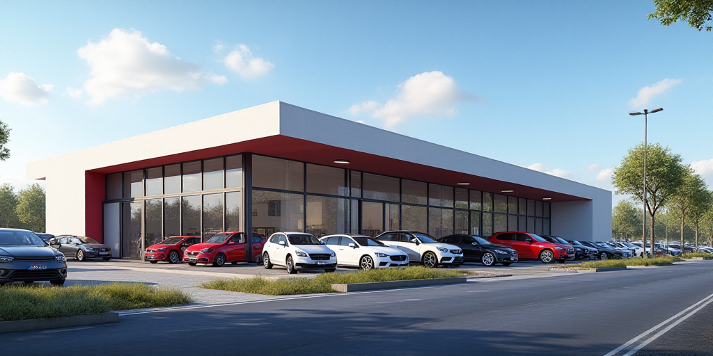 a car dealership with several cars parked in front of it and a few cars parked in front of it, Almad